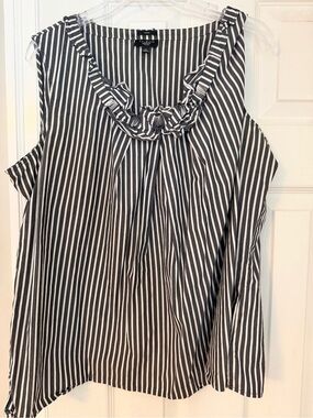 Talbots Black and White Vertical Stripe Ruffled Neck Sleeveless Top